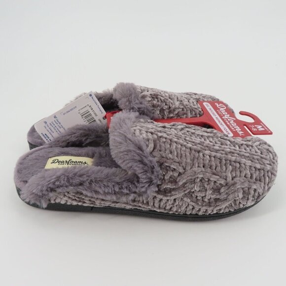 Dearfoams Women Medium 7-8 Grey Chenille Cable Knit Faux Fur Slide Slippers NEW - Picture 6 of 13